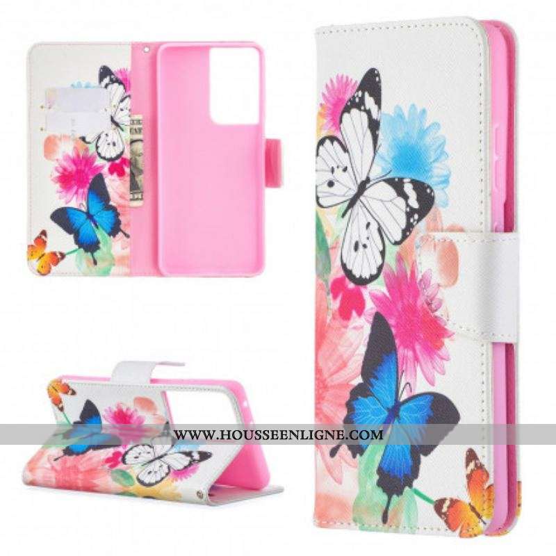 Housse Samsung Galaxy S21 Ultra 5G Papillons et Fleurs Peints