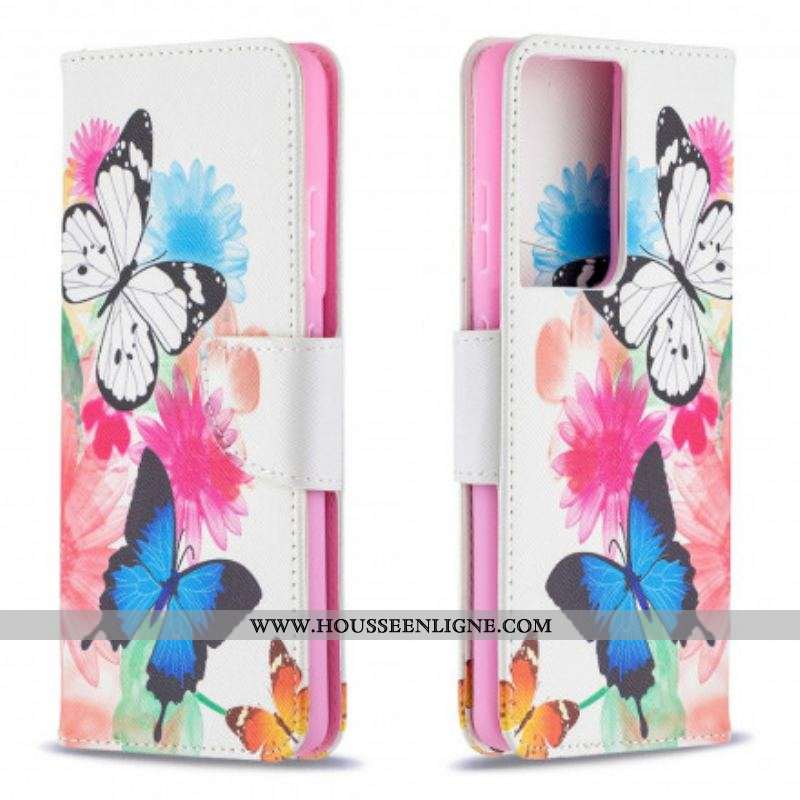 Housse Samsung Galaxy S21 Ultra 5G Papillons et Fleurs Peints