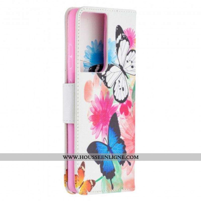 Housse Samsung Galaxy S21 Ultra 5G Papillons et Fleurs Peints