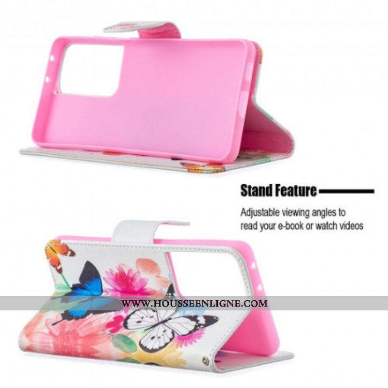 Housse Samsung Galaxy S21 Ultra 5G Papillons et Fleurs Peints
