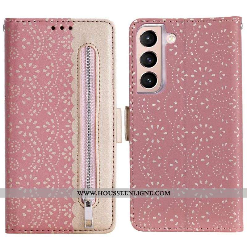 Housse Samsung Galaxy S22 Plus 5G Dentelle Porte-Monnaie à Lanière