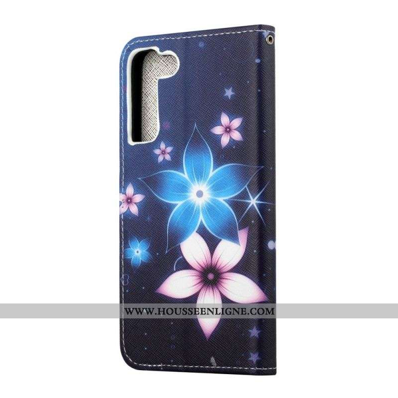 Housse Samsung Galaxy S22 Plus 5G Fleurs Lunaires à Lanière