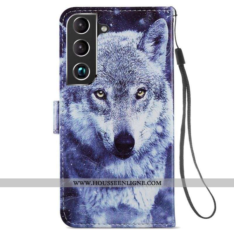 Housse Samsung Galaxy S22 Plus 5G Magnifiques Loups avec Lanière