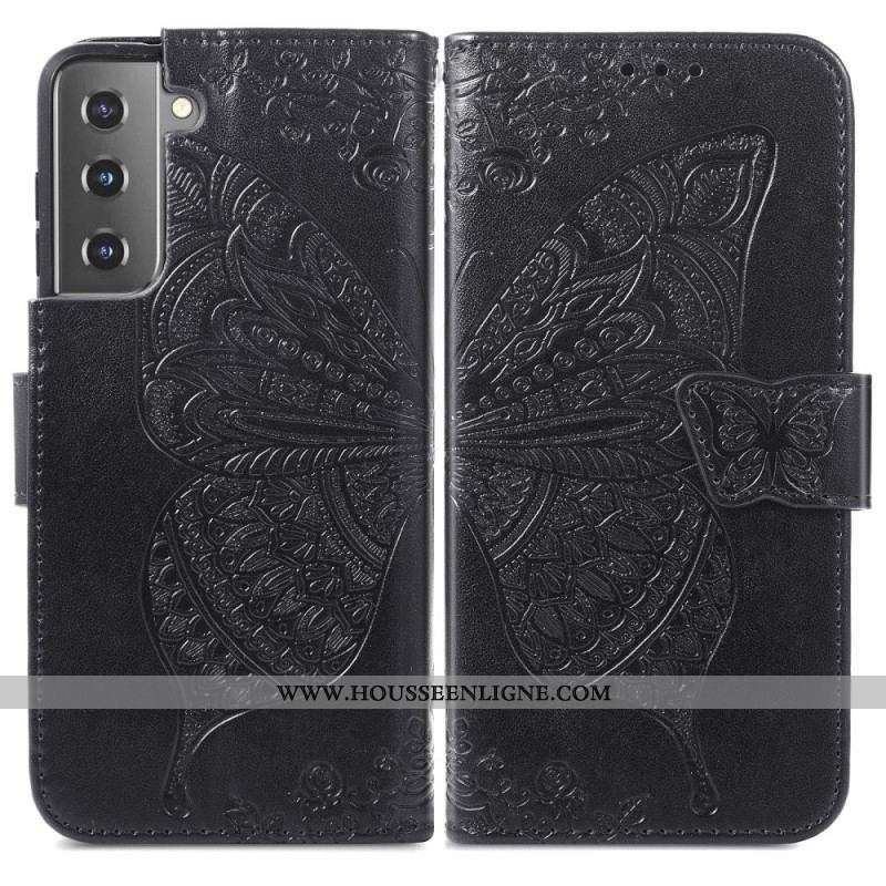 Housse Samsung Galaxy S22 Plus 5G Papillon Design avec Lanière