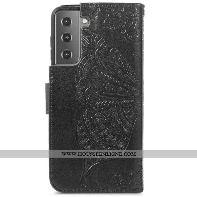 Housse Samsung Galaxy S22 Plus 5G Papillon Design avec Lanière