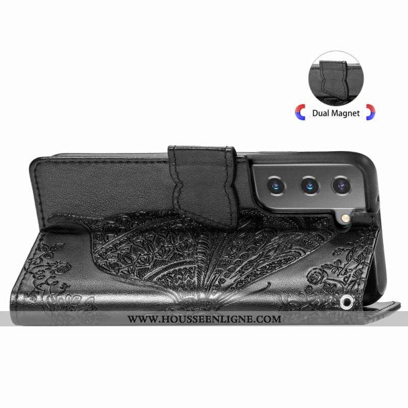 Housse Samsung Galaxy S22 Plus 5G Papillon Design avec Lanière