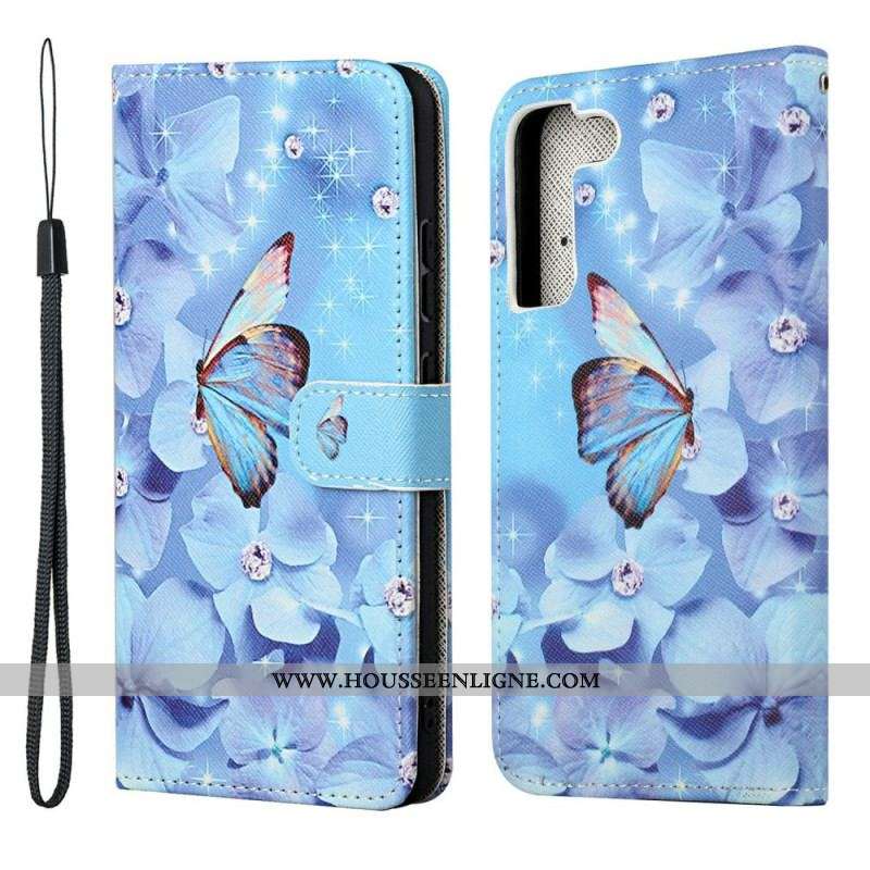 Housse Samsung Galaxy S22 Plus 5G Papillons Diamants à Lanière