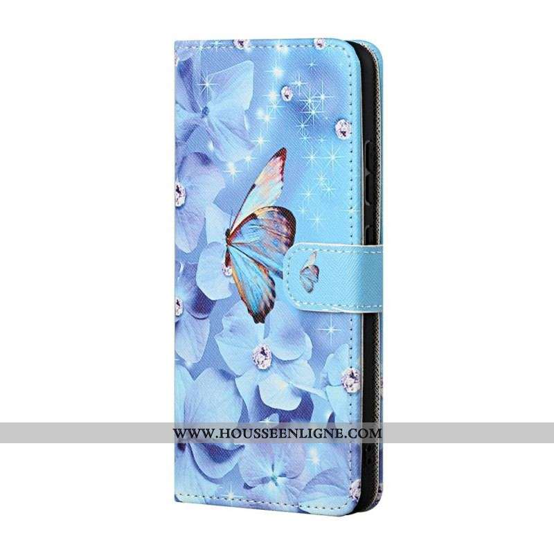 Housse Samsung Galaxy S22 Plus 5G Papillons Diamants à Lanière