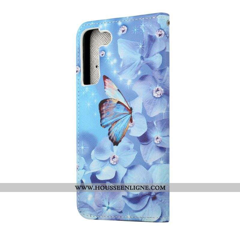Housse Samsung Galaxy S22 Plus 5G Papillons Diamants à Lanière