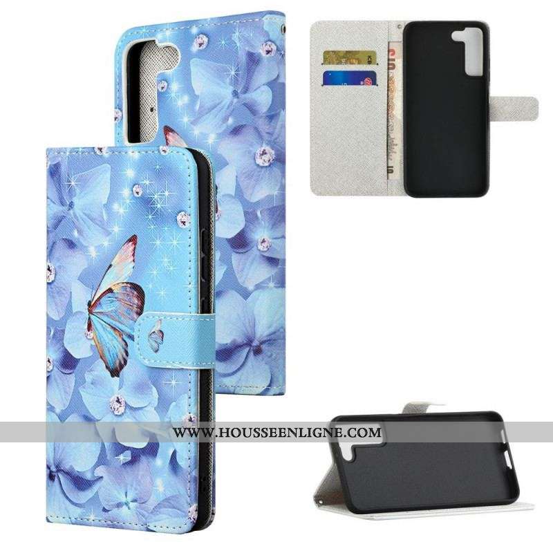 Housse Samsung Galaxy S22 Plus 5G Papillons Diamants à Lanière