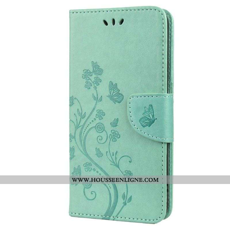 Housse Samsung Galaxy S22 Plus 5G Papillons Et Fleurs avec Lanière