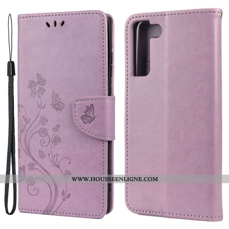 Housse Samsung Galaxy S22 Plus 5G Papillons Et Fleurs avec Lanière