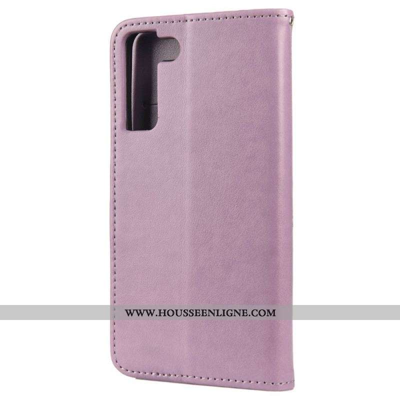 Housse Samsung Galaxy S22 Plus 5G Papillons Et Fleurs avec Lanière