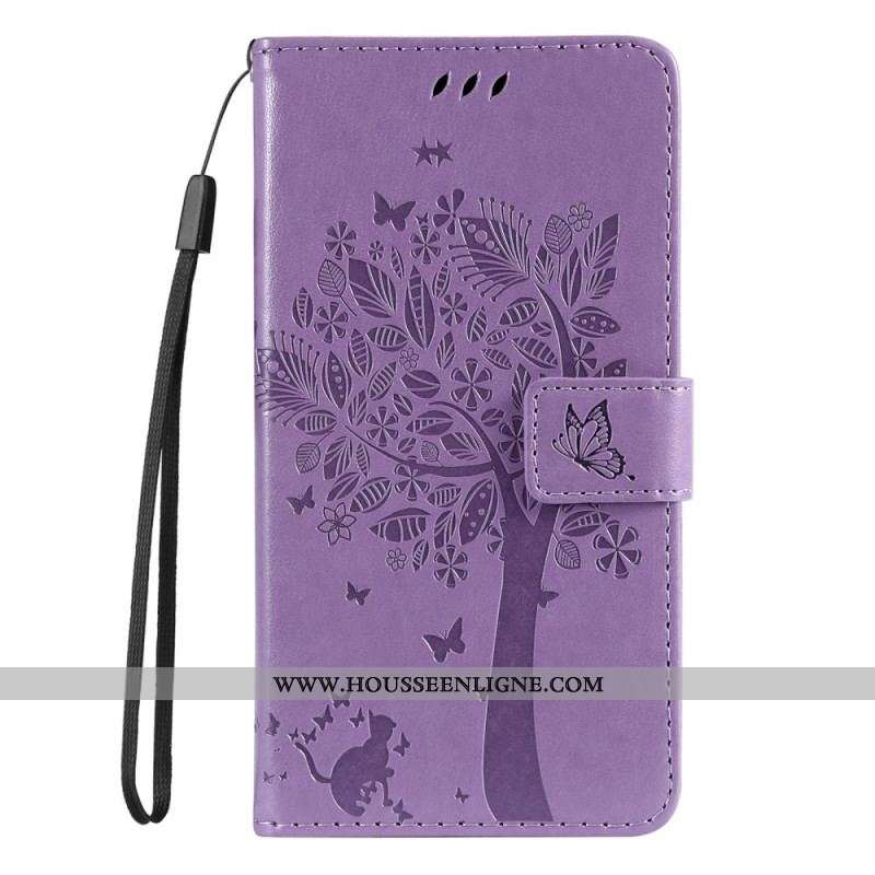 Housse Samsung Galaxy S22 Ultra 5G Arbre et Chat à Lanière