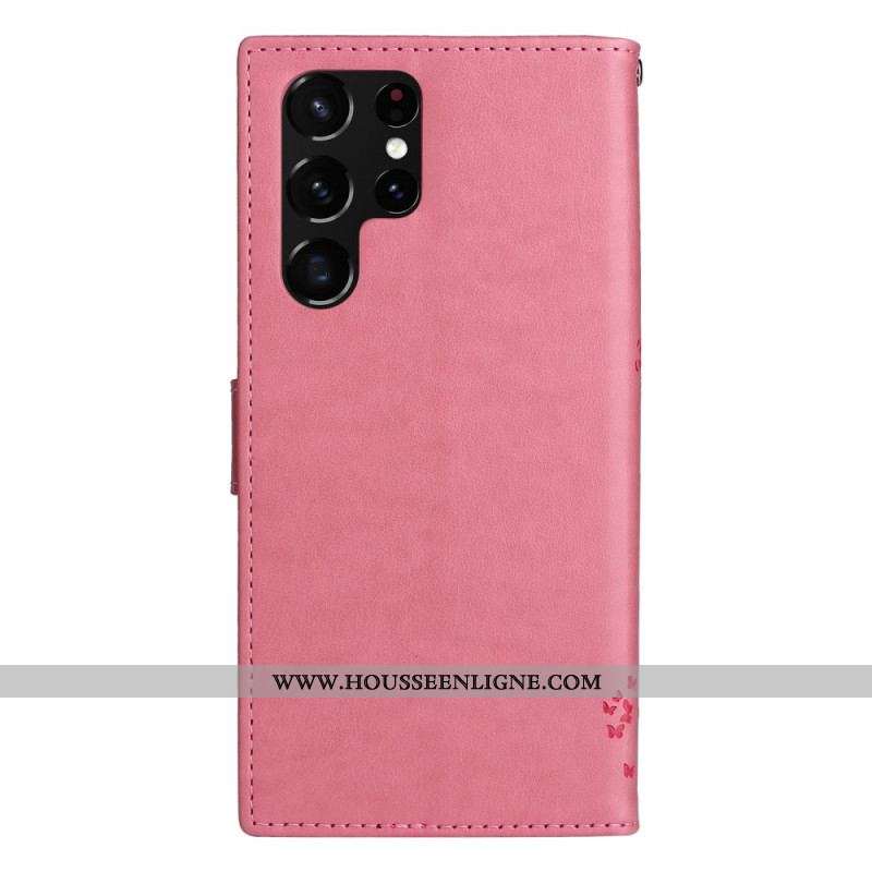 Housse Samsung Galaxy S22 Ultra 5G Arbre et Chat à Lanière