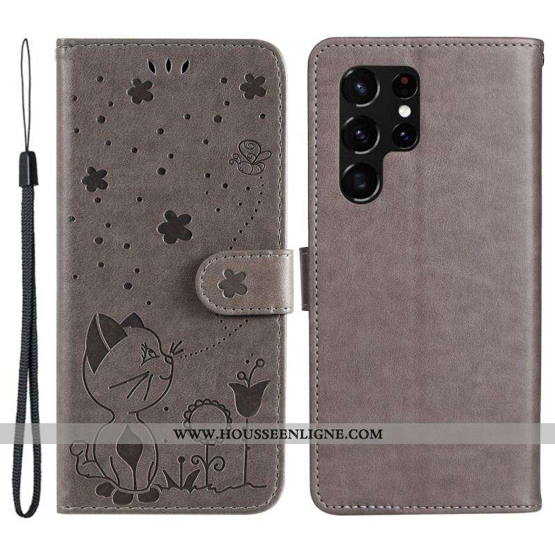 Housse Samsung Galaxy S22 Ultra 5G Chat et Abeille à Lanière