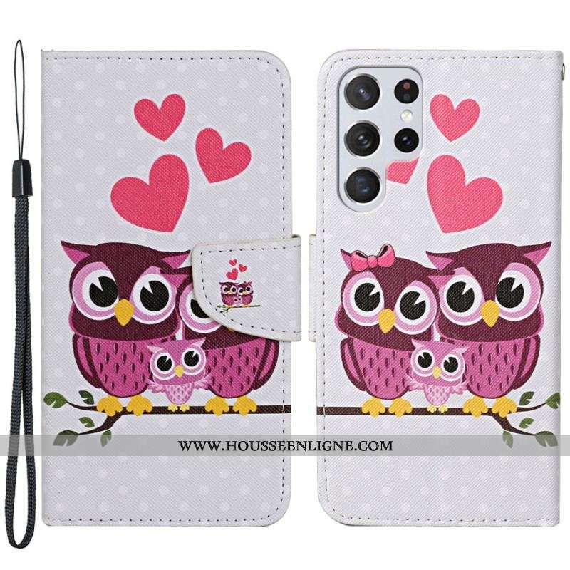 Housse Samsung Galaxy S22 Ultra 5G Famille de Hiboux avec Lanière