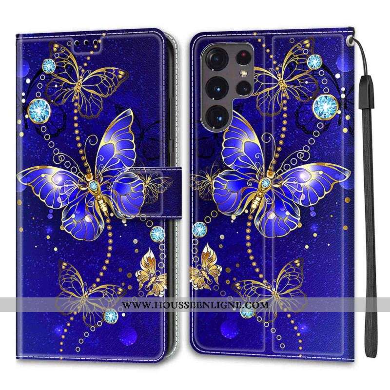 Housse Samsung Galaxy S22 Ultra 5G Fan des Papillons à Lanière