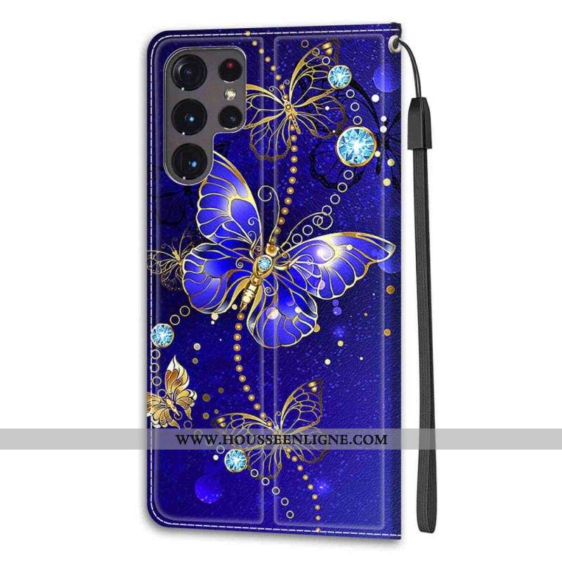 Housse Samsung Galaxy S22 Ultra 5G Fan des Papillons à Lanière