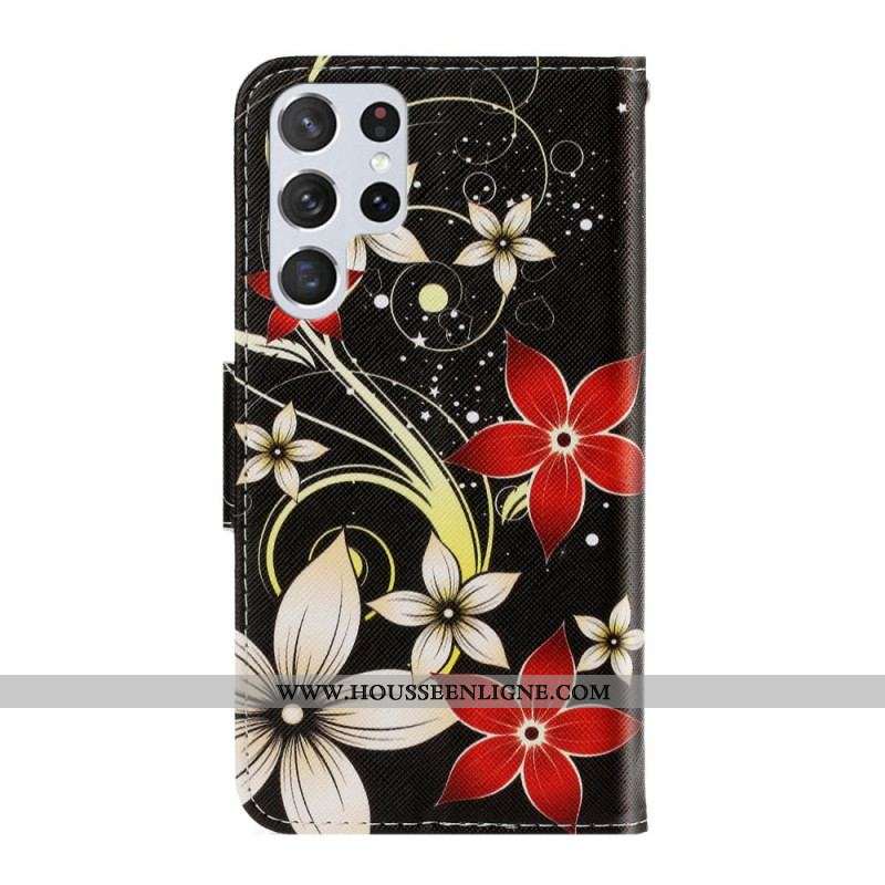Housse Samsung Galaxy S22 Ultra 5G Fleurs Colorées à Lanière