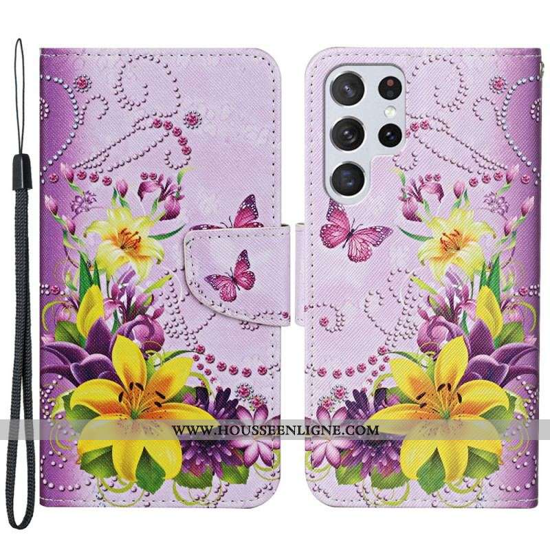 Housse Samsung Galaxy S22 Ultra 5G Fleurs Magistrales avec Lanière