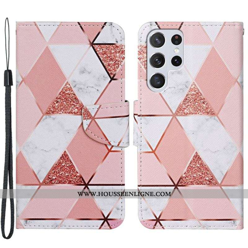Housse Samsung Galaxy S22 Ultra 5G Marbre et Paillettes avec Lanière
