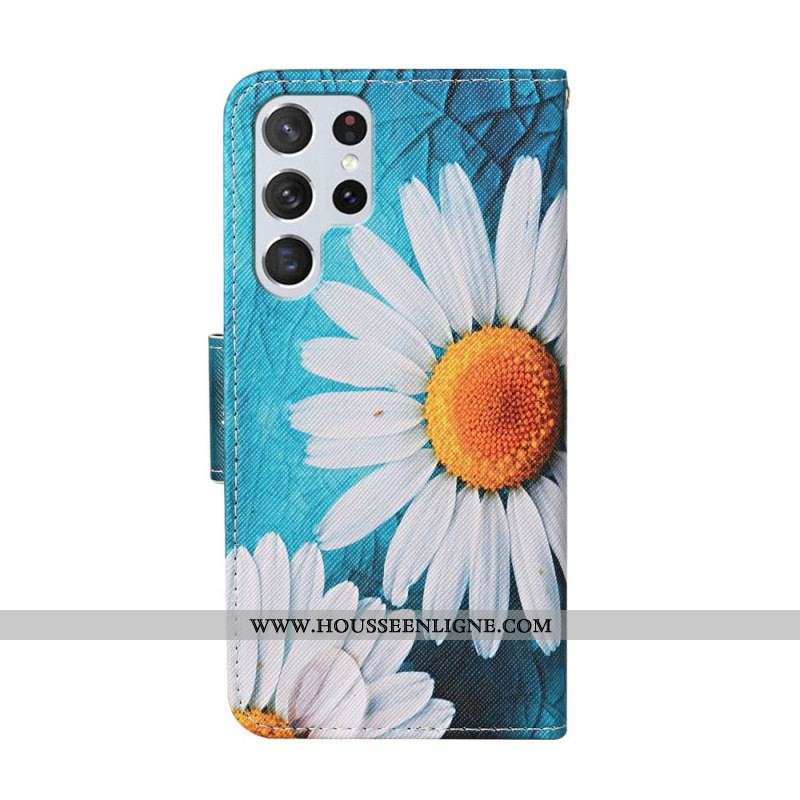 Housse Samsung Galaxy S22 Ultra 5G Marguerites à Lanière