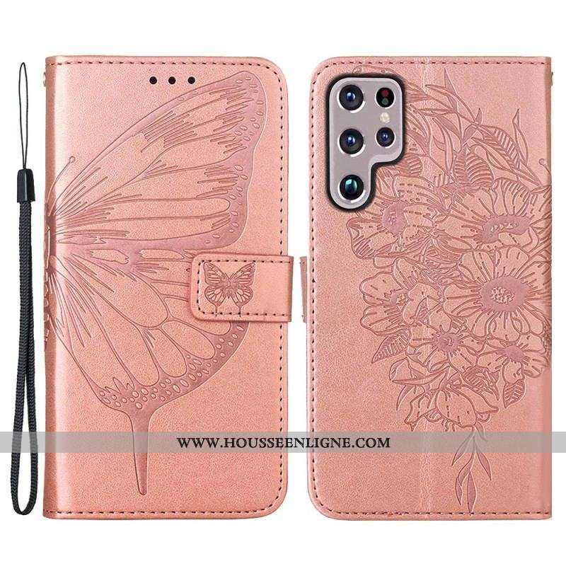 Housse Samsung Galaxy S22 Ultra 5G Papillon Design avec Lanière