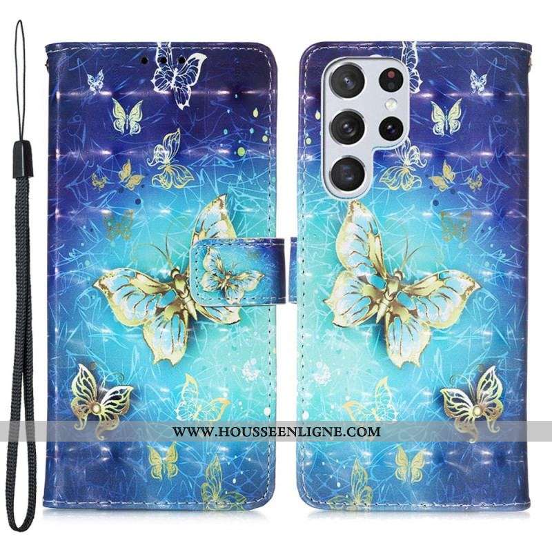 Housse Samsung Galaxy S22 Ultra 5G Papillons Dorés Lanière