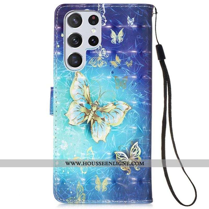 Housse Samsung Galaxy S22 Ultra 5G Papillons Dorés Lanière