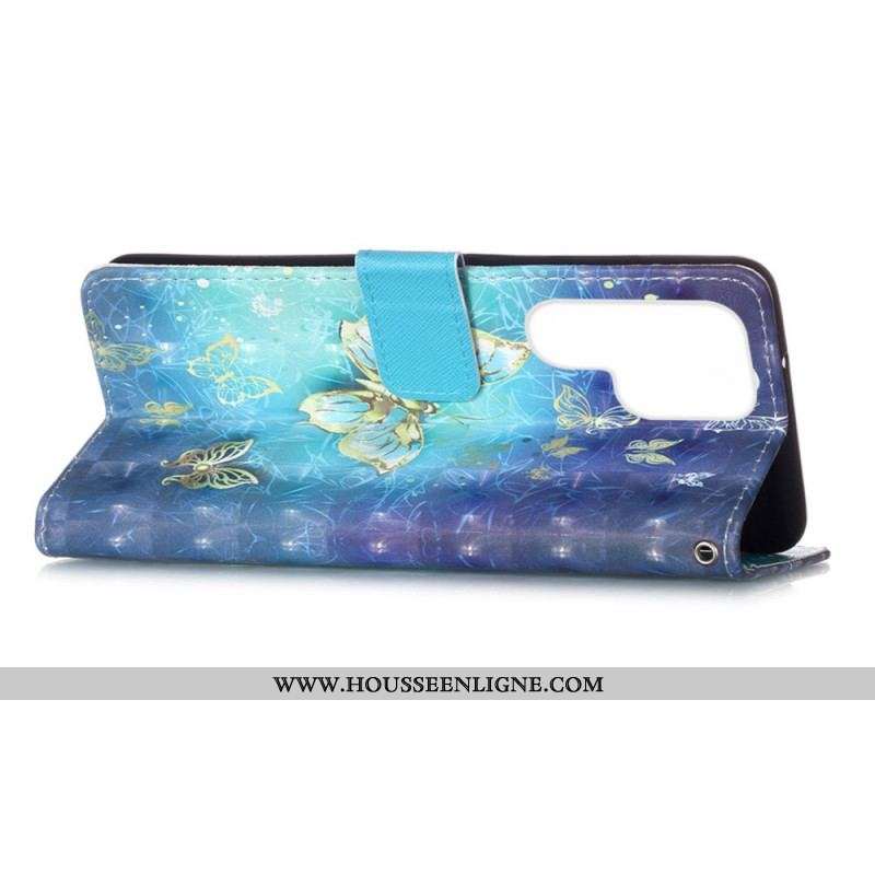 Housse Samsung Galaxy S22 Ultra 5G Papillons Dorés Lanière