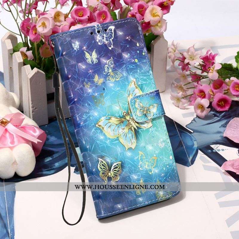 Housse Samsung Galaxy S22 Ultra 5G Papillons Dorés Lanière