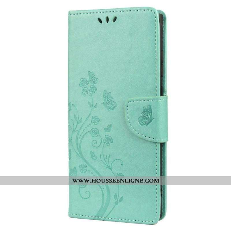 Housse Samsung Galaxy S22 Ultra 5G Papillons Et Fleurs avec Lanière
