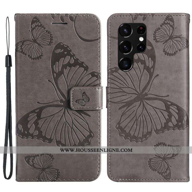 Housse Samsung Galaxy S22 Ultra 5G Papillons Géants à Lanière