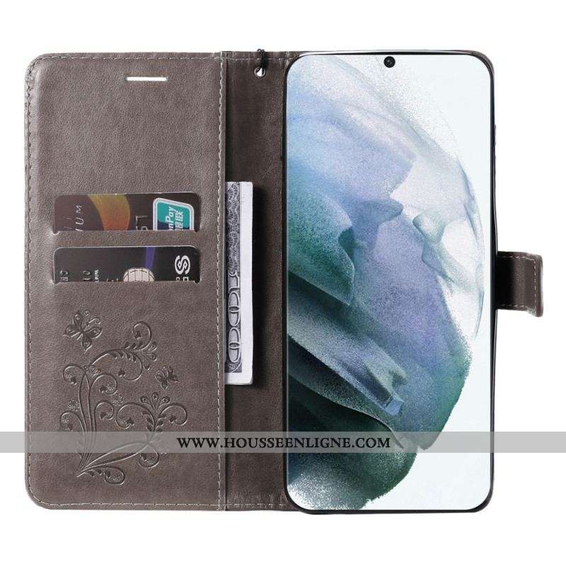 Housse Samsung Galaxy S22 Ultra 5G Papillons Géants à Lanière