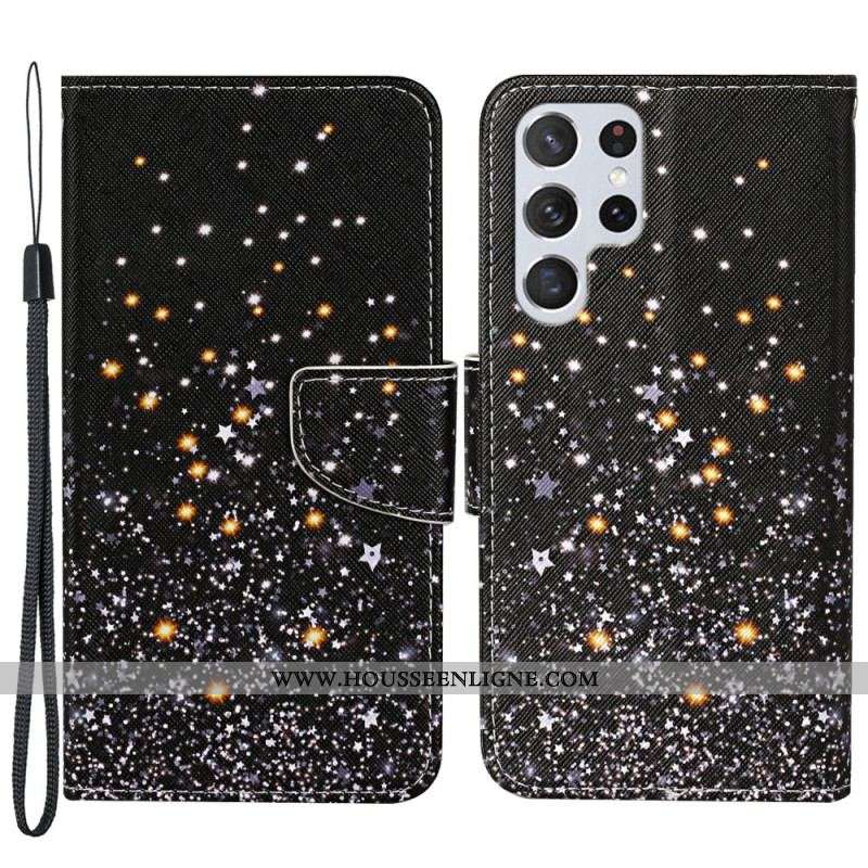 Housse Samsung Galaxy S22 Ultra 5G Étoiles et Paillettes avec Lanière