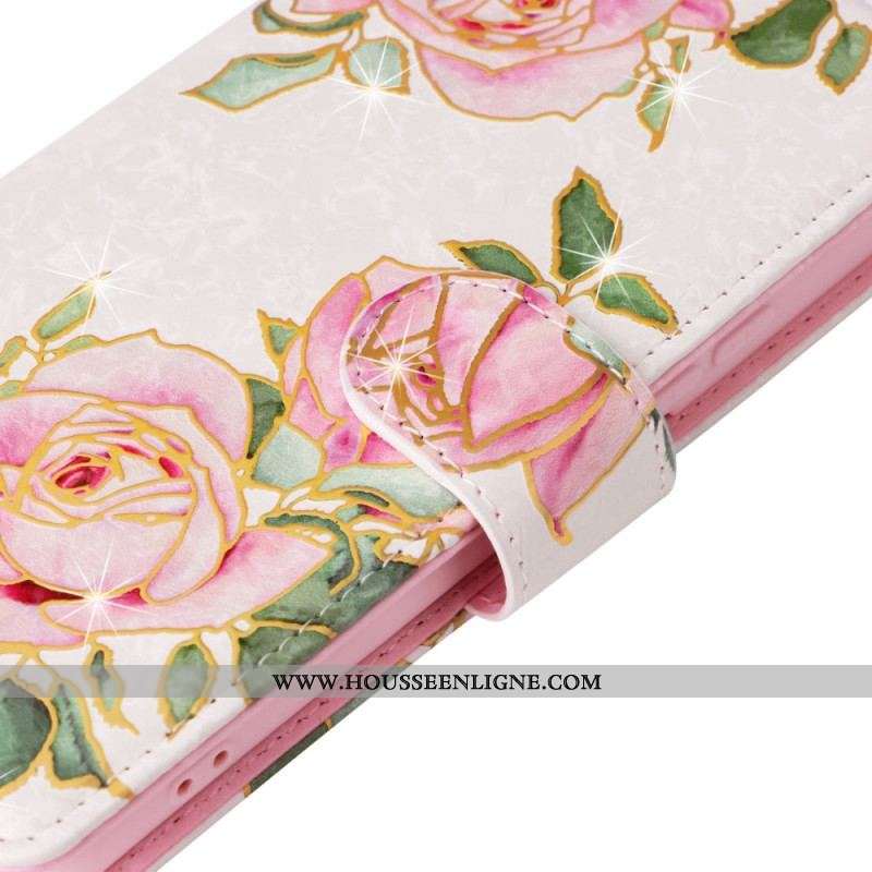 Housse Samsung Galaxy S23 5G Fleurs RFID avec Lanière