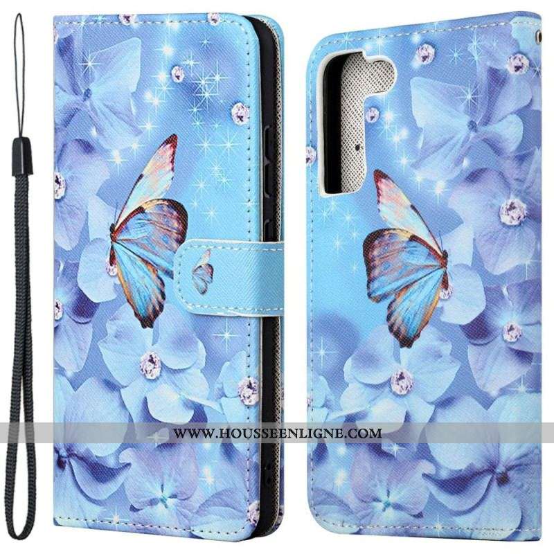 Housse Samsung Galaxy S23 5G Papillons Diamants à Lanière