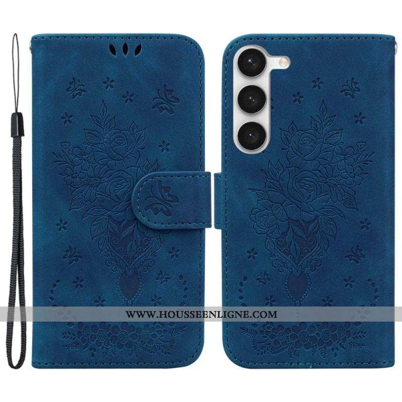 Housse Samsung Galaxy S23 Plus 5G Roses et Papillons à Lanière