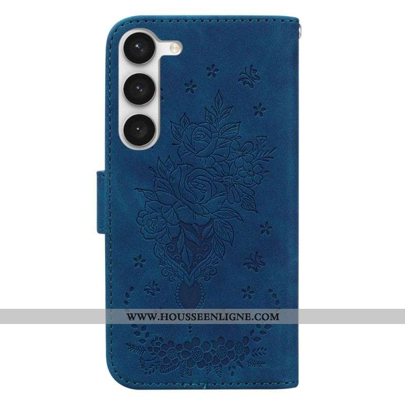 Housse Samsung Galaxy S23 Plus 5G Roses et Papillons à Lanière