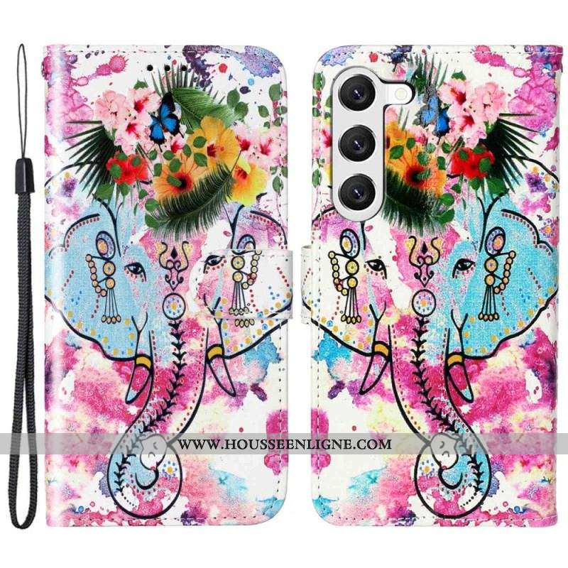 Housse Samsung Galaxy S23 Plus 5G Éléphant Tribal à Lanière