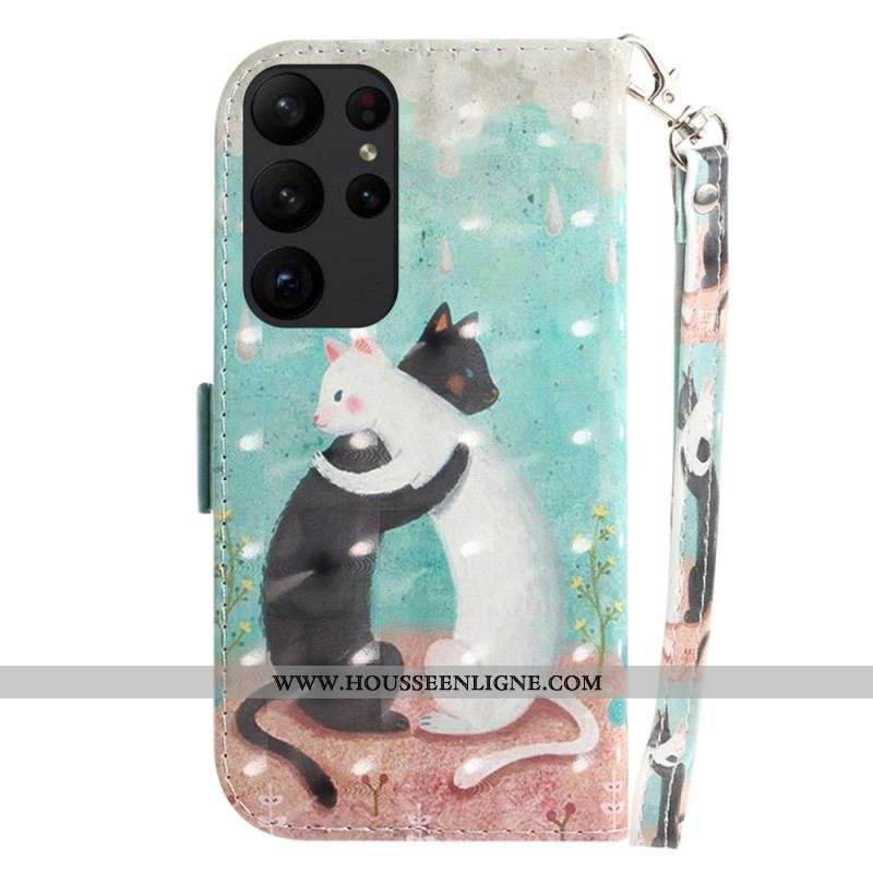 Housse Samsung Galaxy S23 Ultra 5G Chat Blanc Chat Noir à Lanière