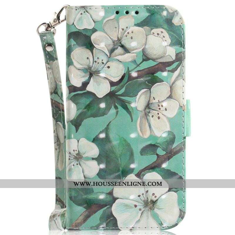 Housse Samsung Galaxy S23 Ultra 5G Fleurs Blanches à Lanière