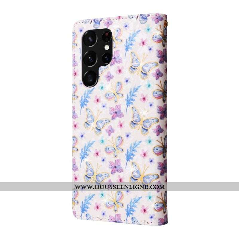 Housse Samsung Galaxy S23 Ultra 5G Fleurs RFID avec Lanière