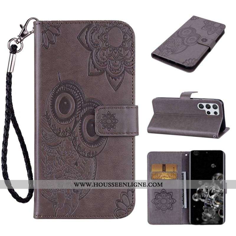 Housse Samsung Galaxy S23 Ultra 5G Hibou Mandala et Lanière