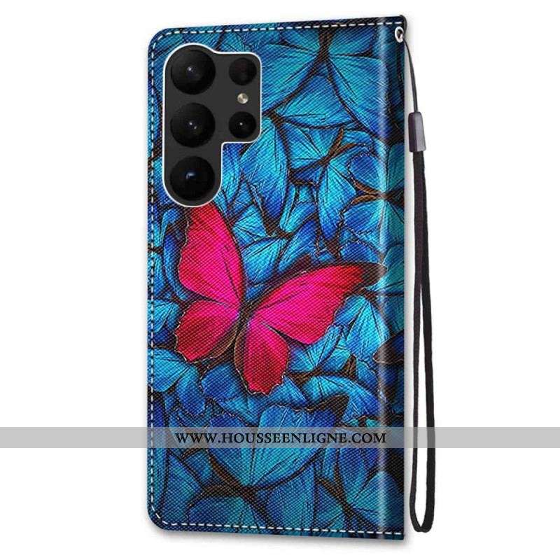 Housse Samsung Galaxy S23 Ultra 5G Papillon Rouge Sur Fond Bleu