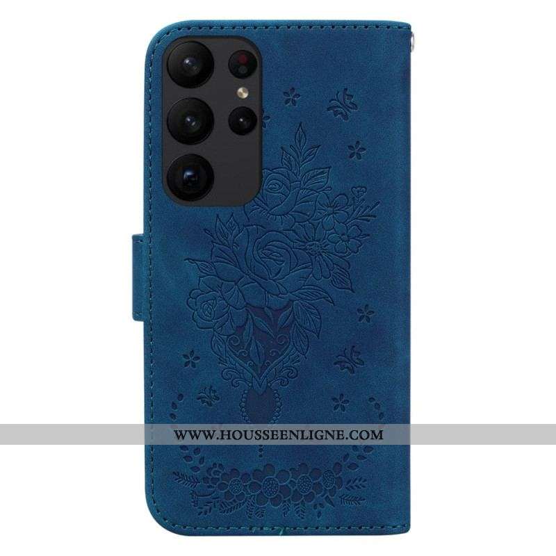 Housse Samsung Galaxy S23 Ultra 5G Roses et Papillons à Lanière