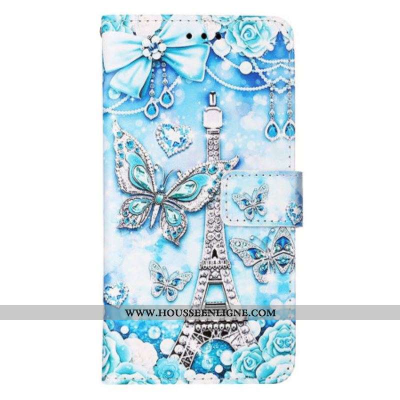 Housse Samsung Galaxy S23 Ultra 5G Tour Eiffel Papillons à Lanière