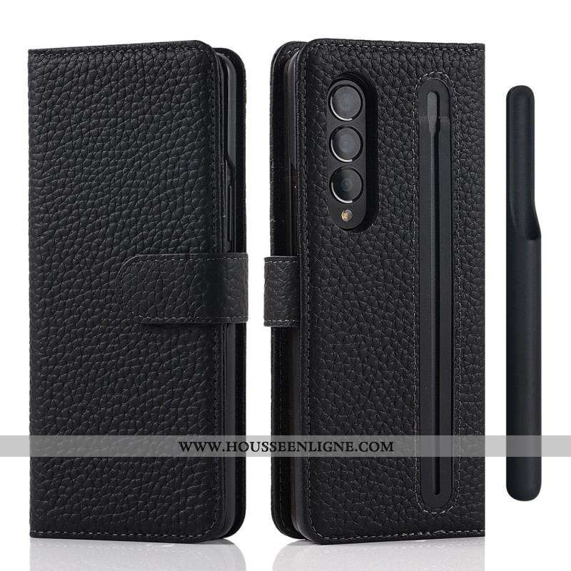 Housse Samsung Galaxy Z Fold 3 5G Véritable Cuir Litchi Porte-Stylet
