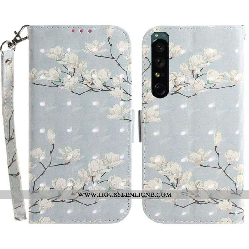 Housse Sony Xperia 1 IV Fleurs Blanches à Lanière